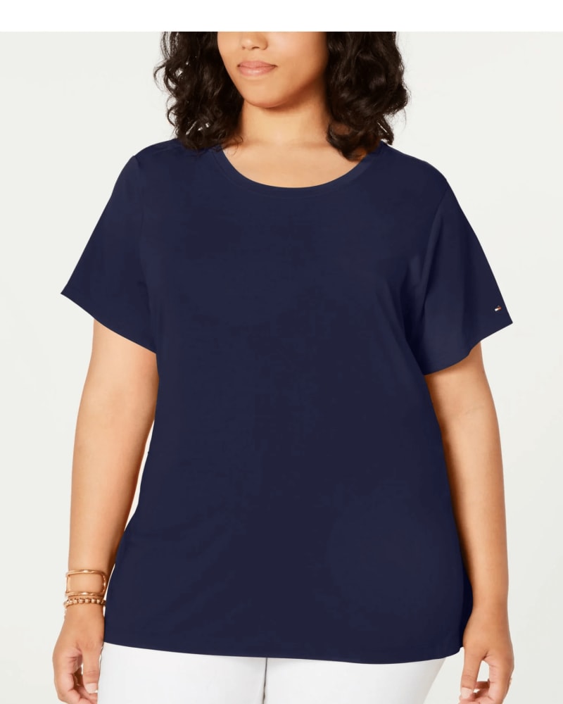 Front of a model wearing a size 2X Tommy Hilfiger Women's Plus Knit Tie Waist Top Blue Size 2X in Blue by Tommy Hilfiger. | dia_product_style_image_id:311533